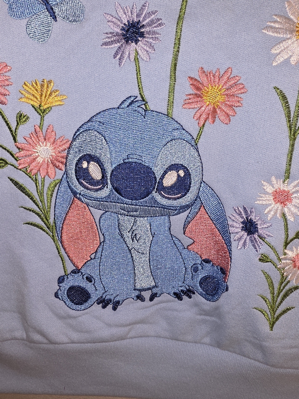 Womens Light Blue Embroidered Cartoon Stitch Sweatshirt